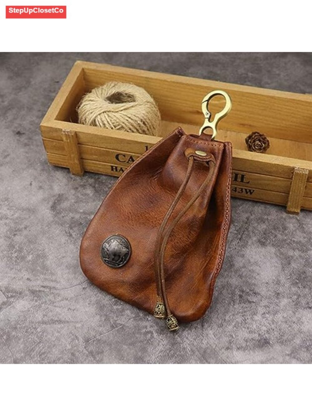 Genuine Leather Drawstring Coin Purse Vintage Pouch with Metal Clasp Mini - Picture 2 of 6